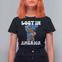Funny 4th Of July Bigfoot Lost In America T Shirt For Women Patriotic Sasquatch Rocket Footprint Fireworks - Wonder Print Shop
