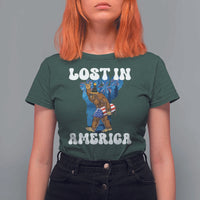 Funny 4th Of July Bigfoot Lost In America T Shirt For Women Patriotic Sasquatch Rocket Footprint Fireworks - Wonder Print Shop