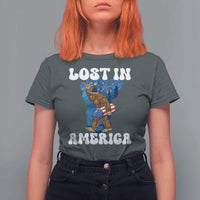 Funny 4th Of July Bigfoot Lost In America T Shirt For Women Patriotic Sasquatch Rocket Footprint Fireworks - Wonder Print Shop
