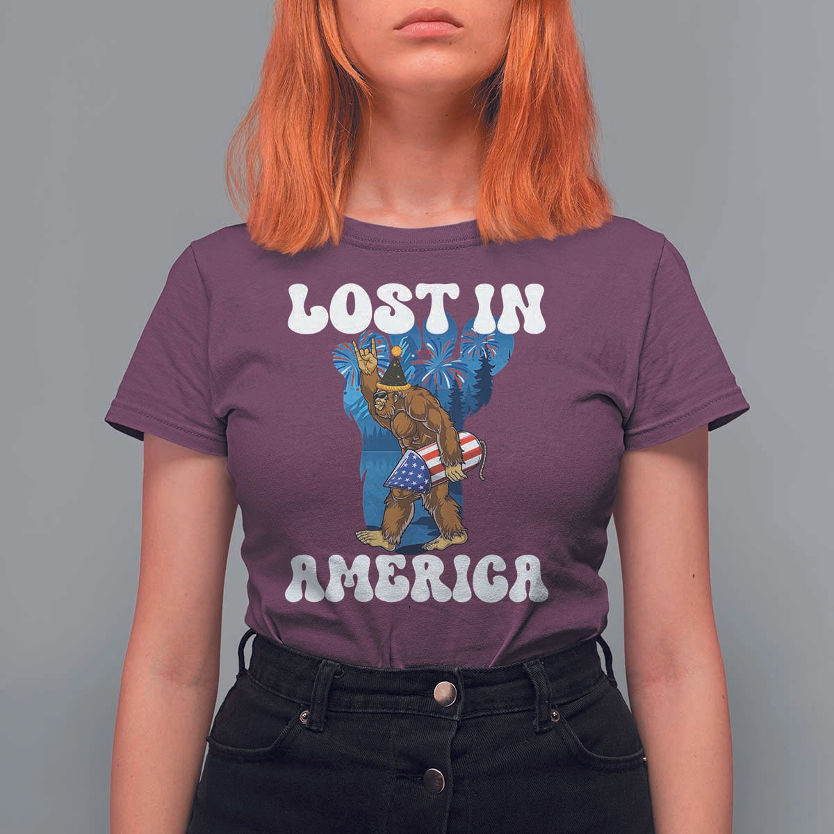 Funny 4th Of July Bigfoot Lost In America T Shirt For Women Patriotic Sasquatch Rocket Footprint Fireworks - Wonder Print Shop