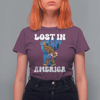 Funny 4th Of July Bigfoot Lost In America T Shirt For Women Patriotic Sasquatch Rocket Footprint Fireworks - Wonder Print Shop