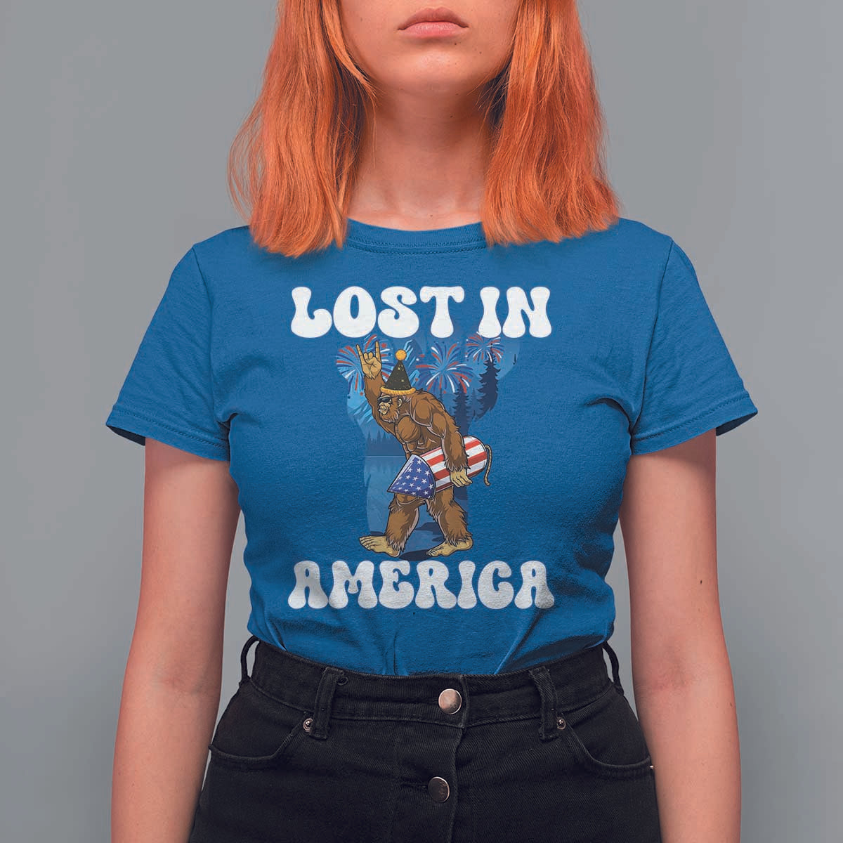 Funny 4th Of July Bigfoot Lost In America T Shirt For Women Patriotic Sasquatch Rocket Footprint Fireworks - Wonder Print Shop