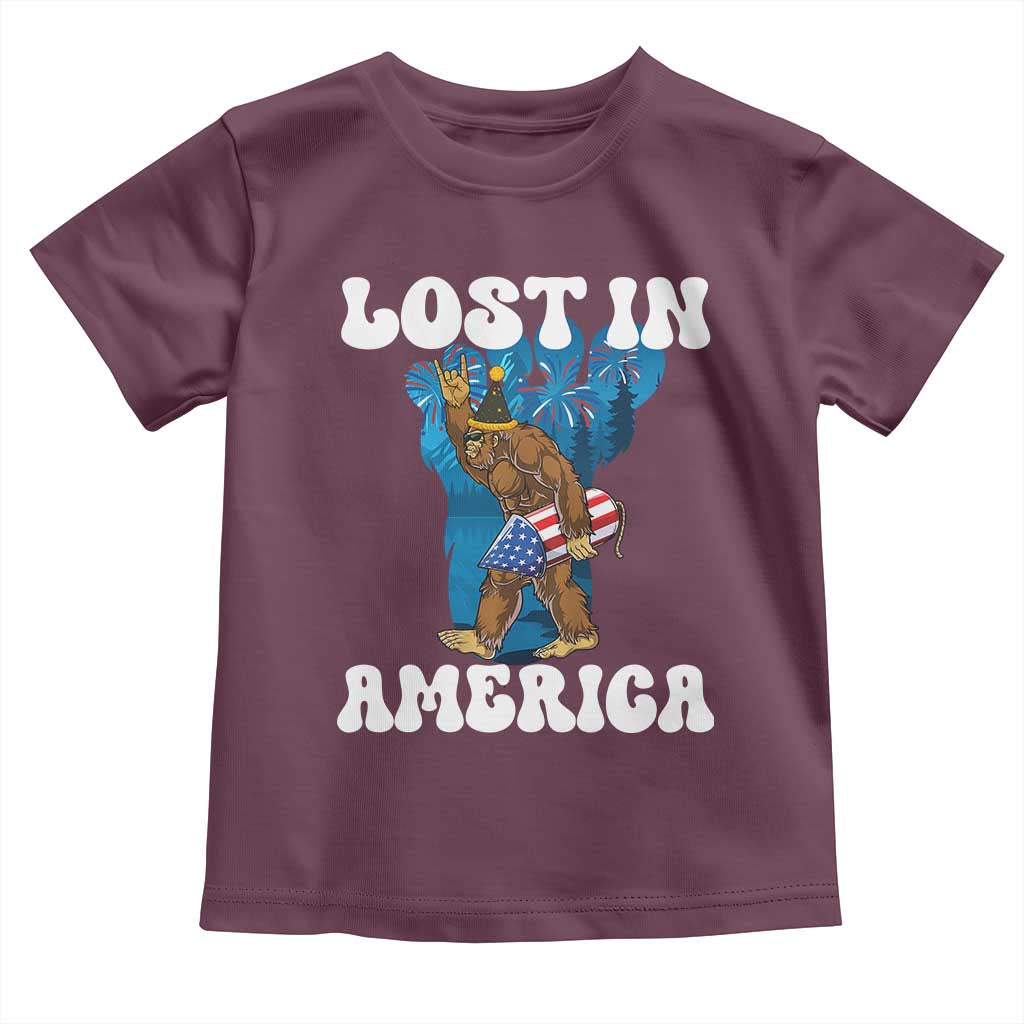 Funny 4th Of July Bigfoot Lost In America Toddler T Shirt Patriotic Sasquatch Rocket Footprint Fireworks - Wonder Print Shop