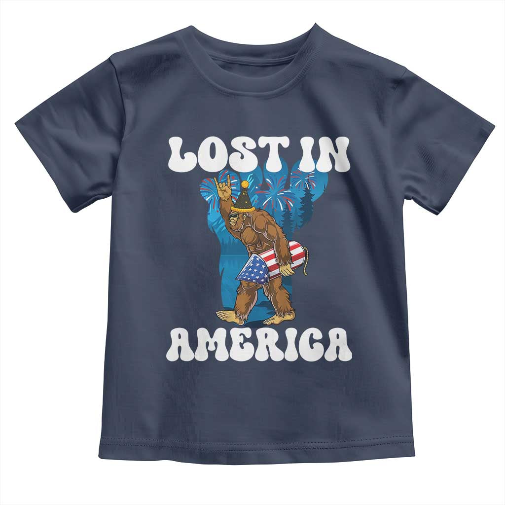 Funny 4th Of July Bigfoot Lost In America Toddler T Shirt Patriotic Sasquatch Rocket Footprint Fireworks - Wonder Print Shop