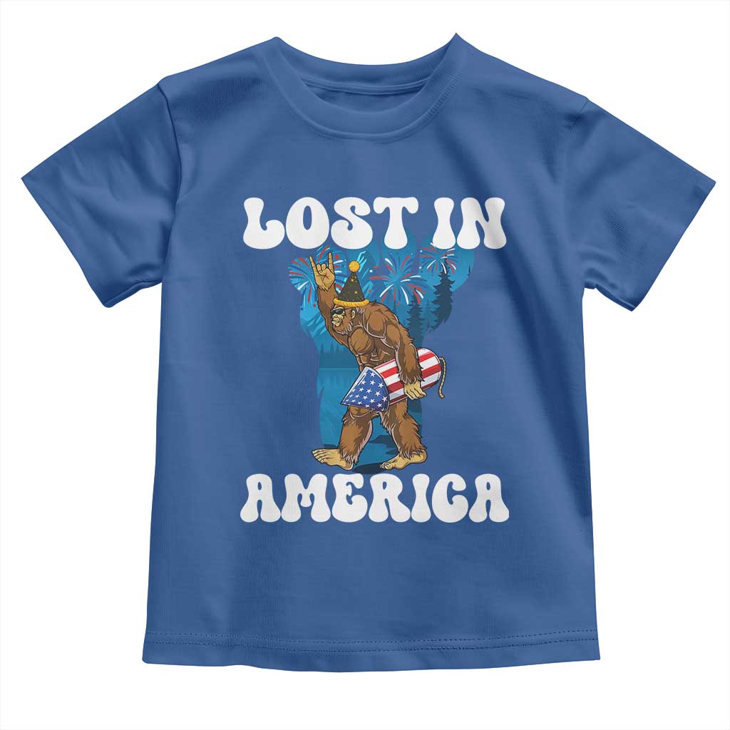 Funny 4th Of July Bigfoot Lost In America Toddler T Shirt Patriotic Sasquatch Rocket Footprint Fireworks - Wonder Print Shop