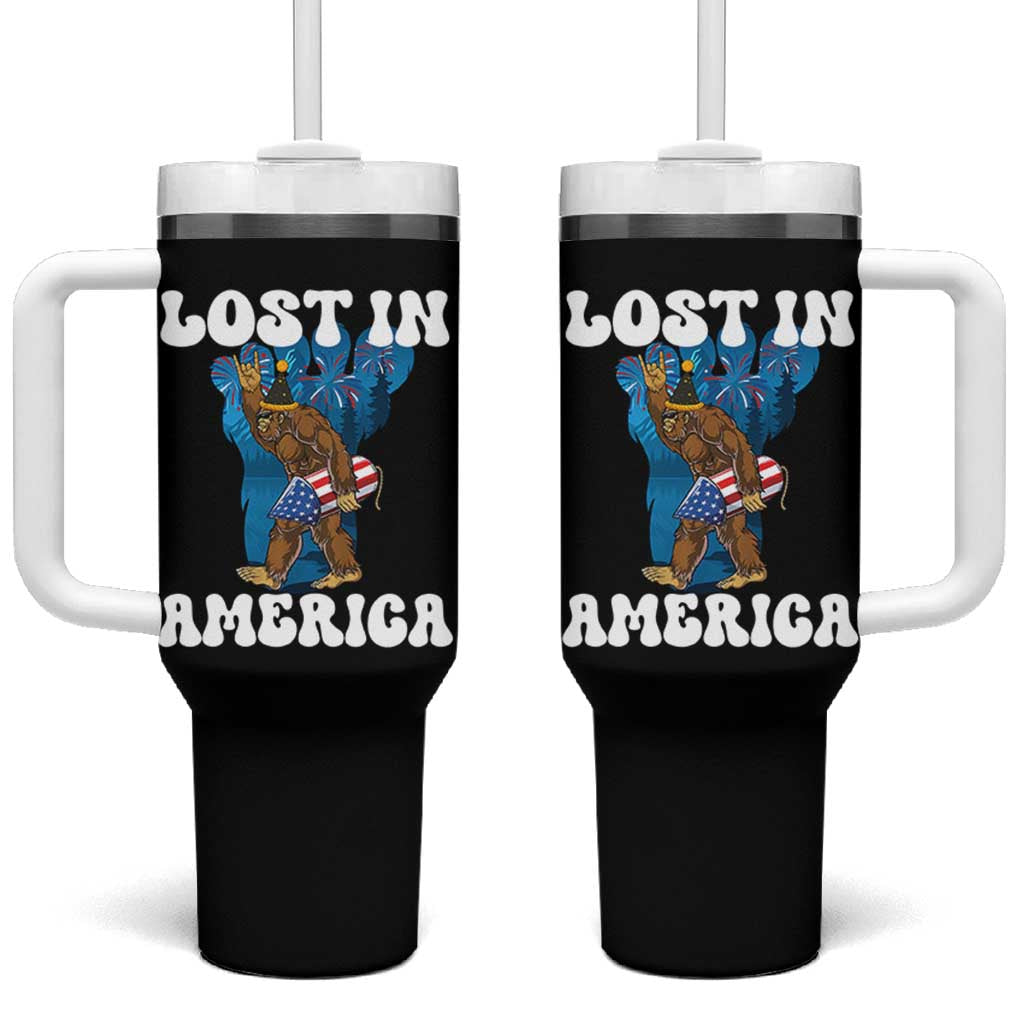 Funny 4th Of July Bigfoot Lost In America Tumbler With Handle Patriotic Sasquatch Rocket Footprint Fireworks - Wonder Print Shop