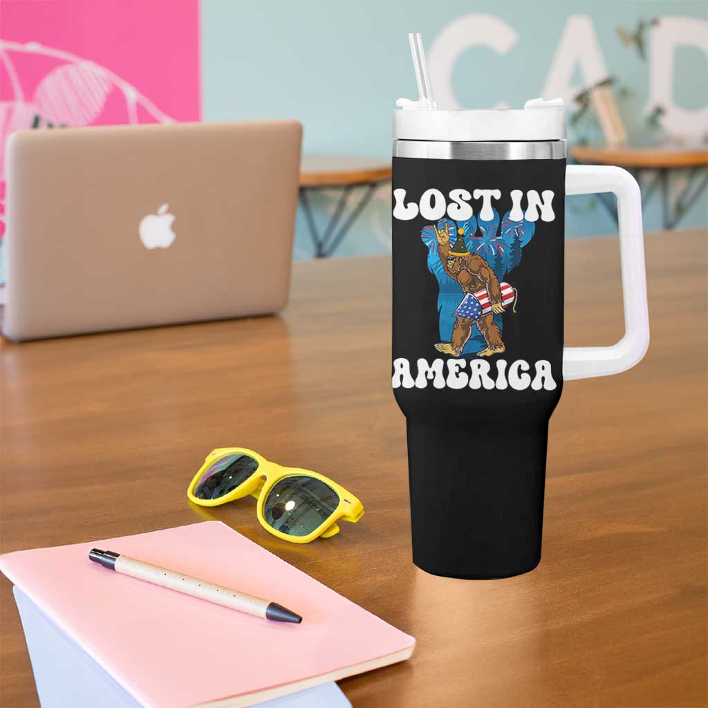 Funny 4th Of July Bigfoot Lost In America Tumbler With Handle Patriotic Sasquatch Rocket Footprint Fireworks - Wonder Print Shop