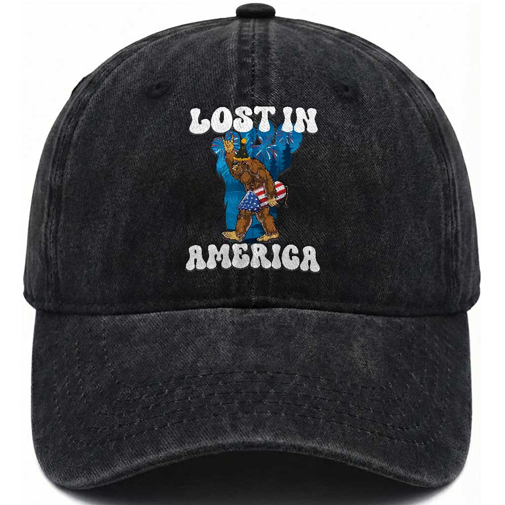 Funny 4th Of July Bigfoot Lost In America Washed Cotton Baseball Cap Patriotic Sasquatch Rocket Footprint Fireworks