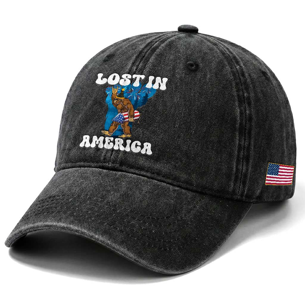 Funny 4th Of July Bigfoot Lost In America Washed Cotton Baseball Cap Patriotic Sasquatch Rocket Footprint Fireworks
