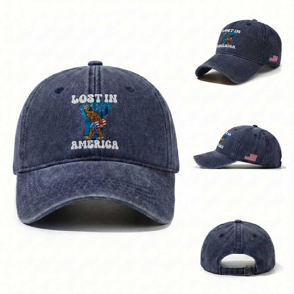 Funny 4th Of July Bigfoot Lost In America Washed Cotton Baseball Cap Patriotic Sasquatch Rocket Footprint Fireworks