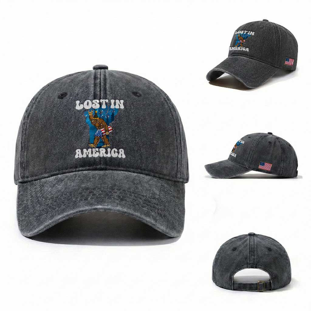 Funny 4th Of July Bigfoot Lost In America Washed Cotton Baseball Cap Patriotic Sasquatch Rocket Footprint Fireworks