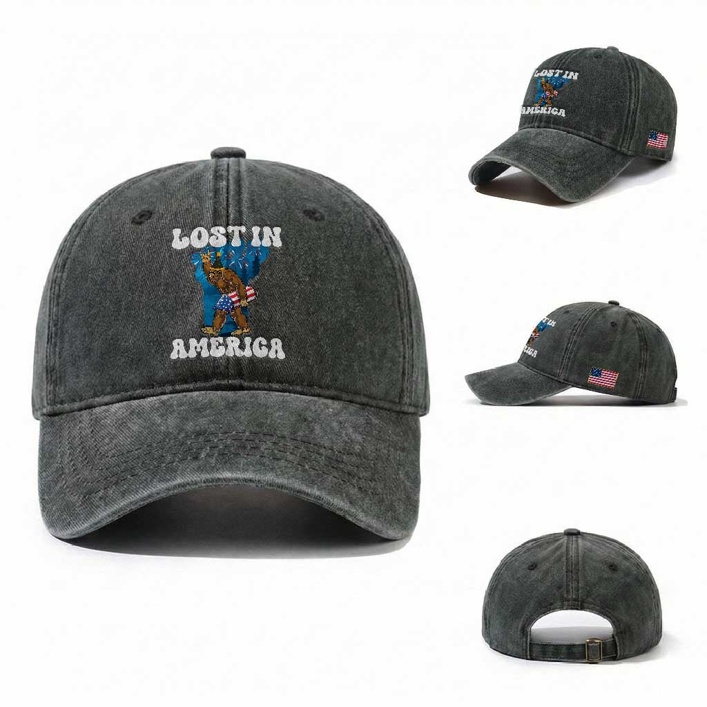Funny 4th Of July Bigfoot Lost In America Washed Cotton Baseball Cap Patriotic Sasquatch Rocket Footprint Fireworks