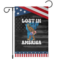 Funny 4th Of July Bigfoot Lost In America Garden Flag Patriotic Sasquatch Rocket Footprint Fireworks