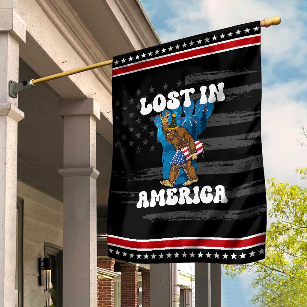 Funny 4th Of July Bigfoot Lost In America Garden Flag Patriotic Sasquatch Rocket Footprint Fireworks