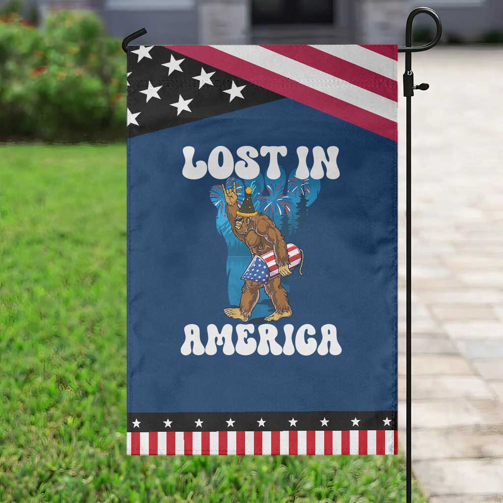Funny 4th Of July Bigfoot Lost In America Garden Flag Patriotic Sasquatch Rocket Footprint Fireworks