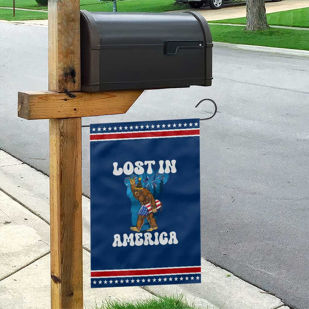 Funny 4th Of July Bigfoot Lost In America Garden Flag Patriotic Sasquatch Rocket Footprint Fireworks