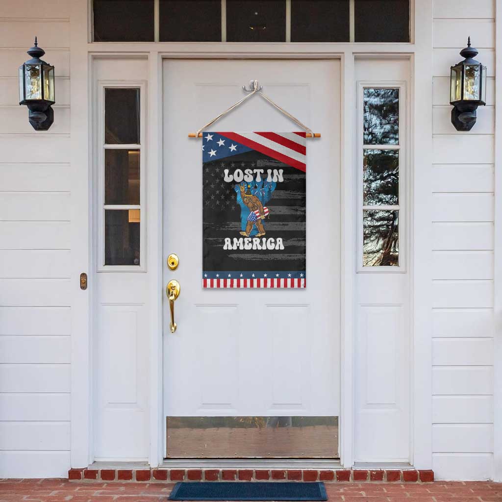 Funny 4th Of July Bigfoot Lost In America Garden Flag Patriotic Sasquatch Rocket Footprint Fireworks