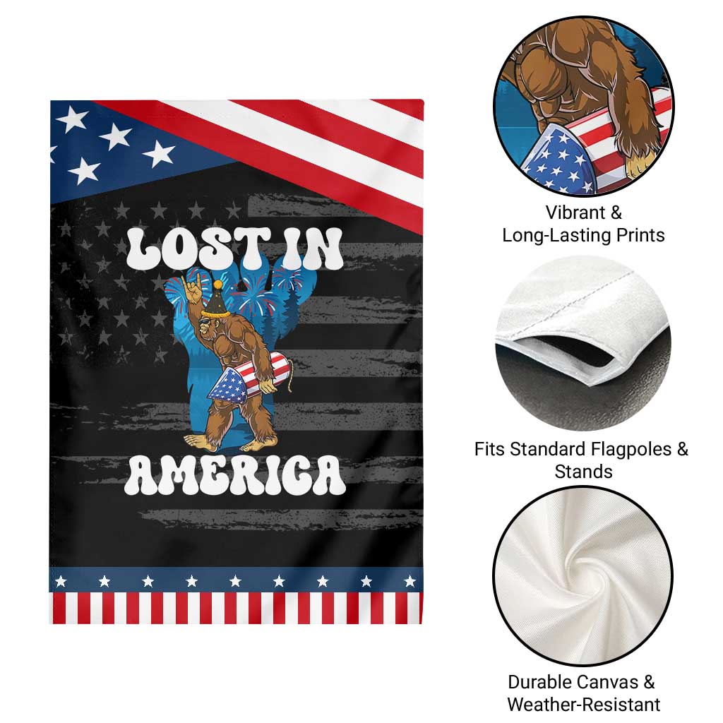 Funny 4th Of July Bigfoot Lost In America Garden Flag Patriotic Sasquatch Rocket Footprint Fireworks