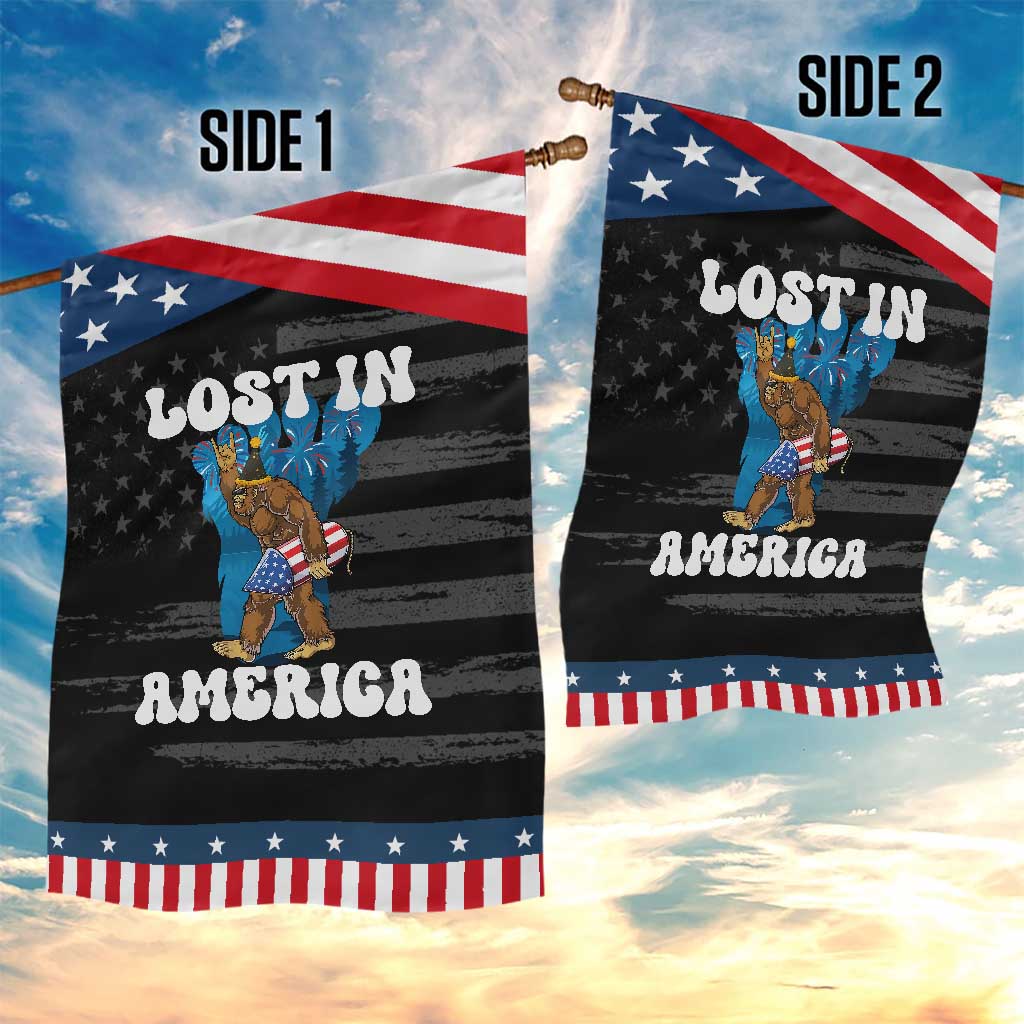 Funny 4th Of July Bigfoot Lost In America Garden Flag Patriotic Sasquatch Rocket Footprint Fireworks