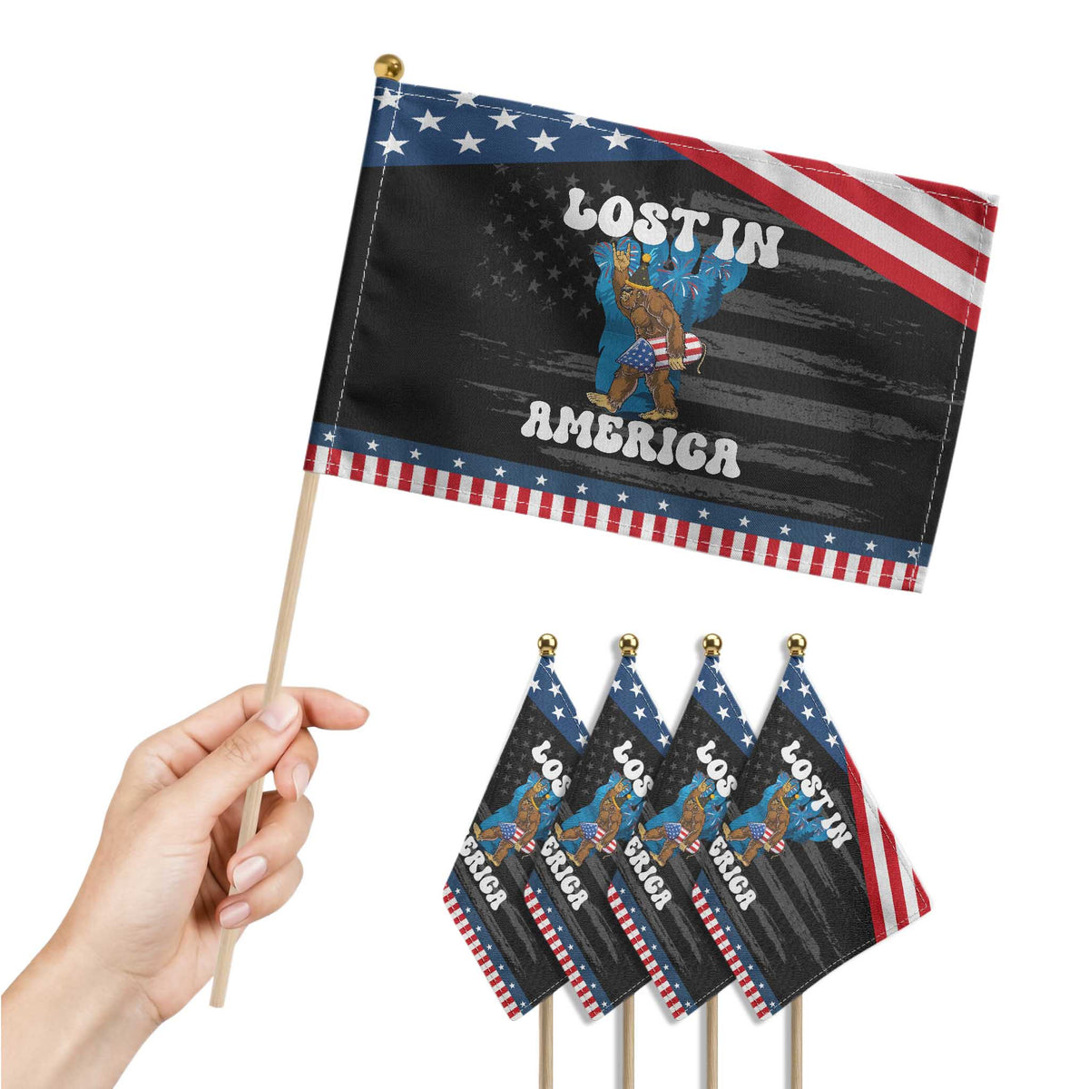 Funny 4th Of July Bigfoot Lost In America Patriotic Handheld Flag Sasquatch Rocket Footprint Fireworks