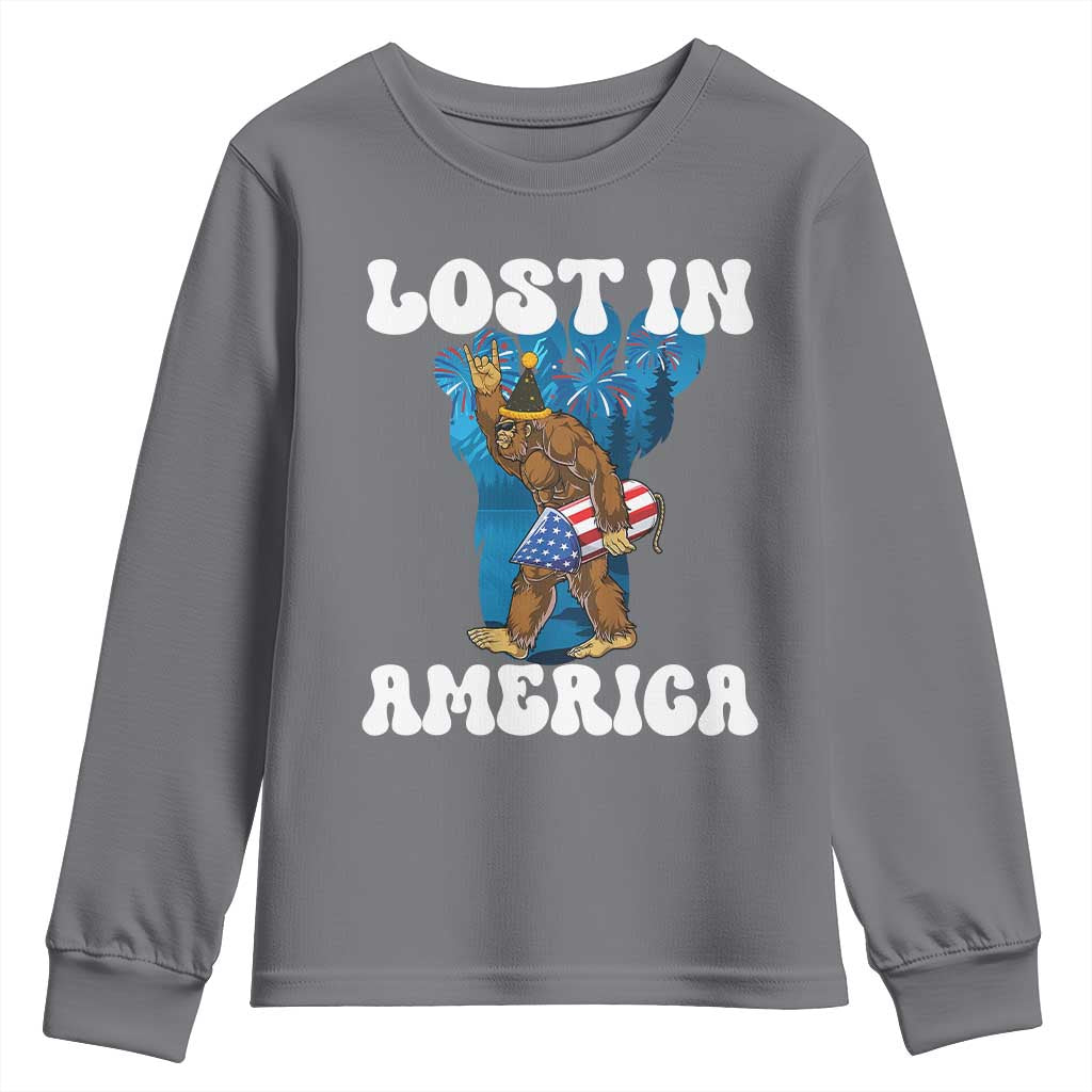 Funny 4th Of July Bigfoot Lost In America Youth Sweatshirt Patriotic Sasquatch Rocket Footprint Fireworks - Wonder Print Shop