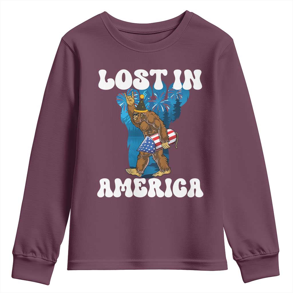 Funny 4th Of July Bigfoot Lost In America Youth Sweatshirt Patriotic Sasquatch Rocket Footprint Fireworks - Wonder Print Shop