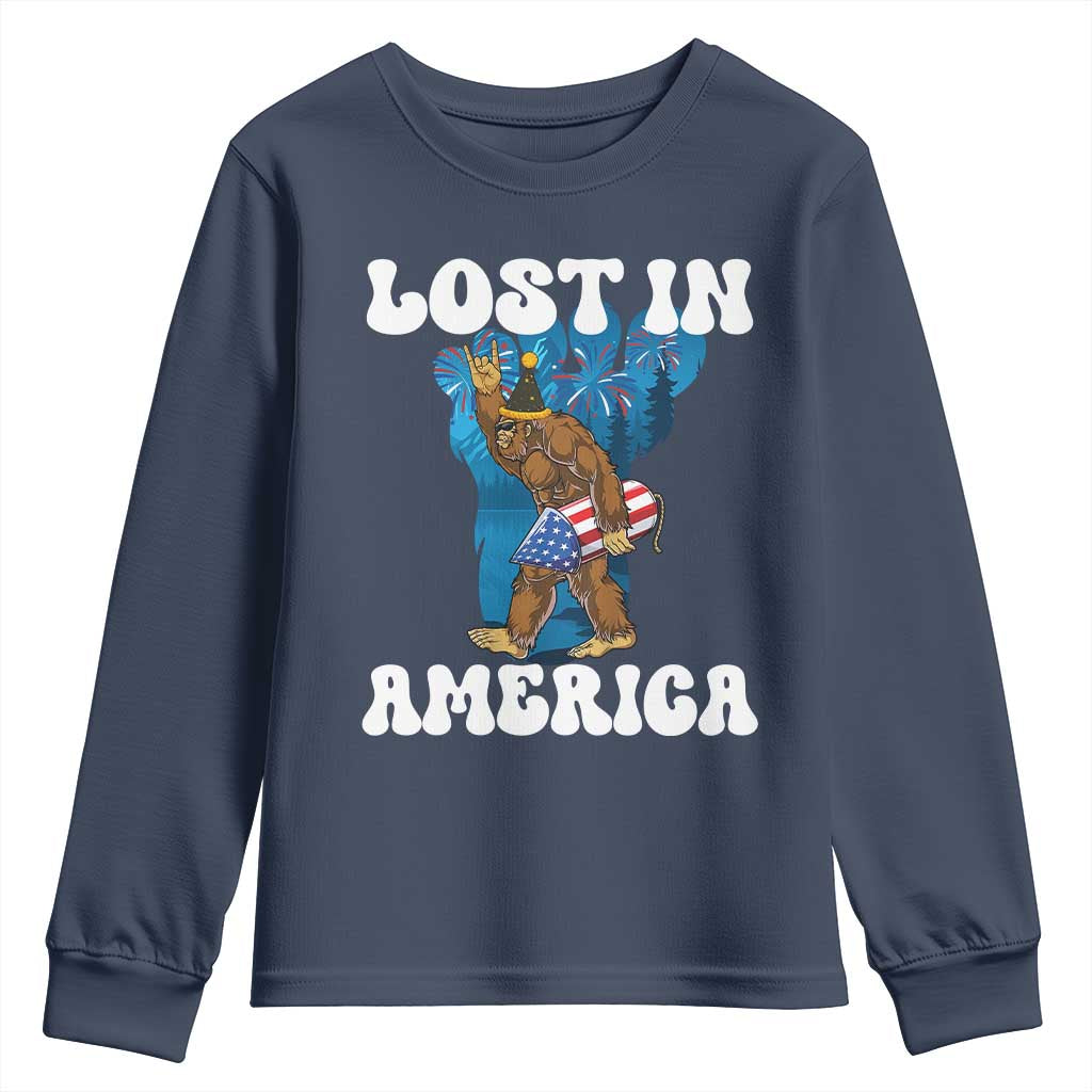 Funny 4th Of July Bigfoot Lost In America Youth Sweatshirt Patriotic Sasquatch Rocket Footprint Fireworks - Wonder Print Shop