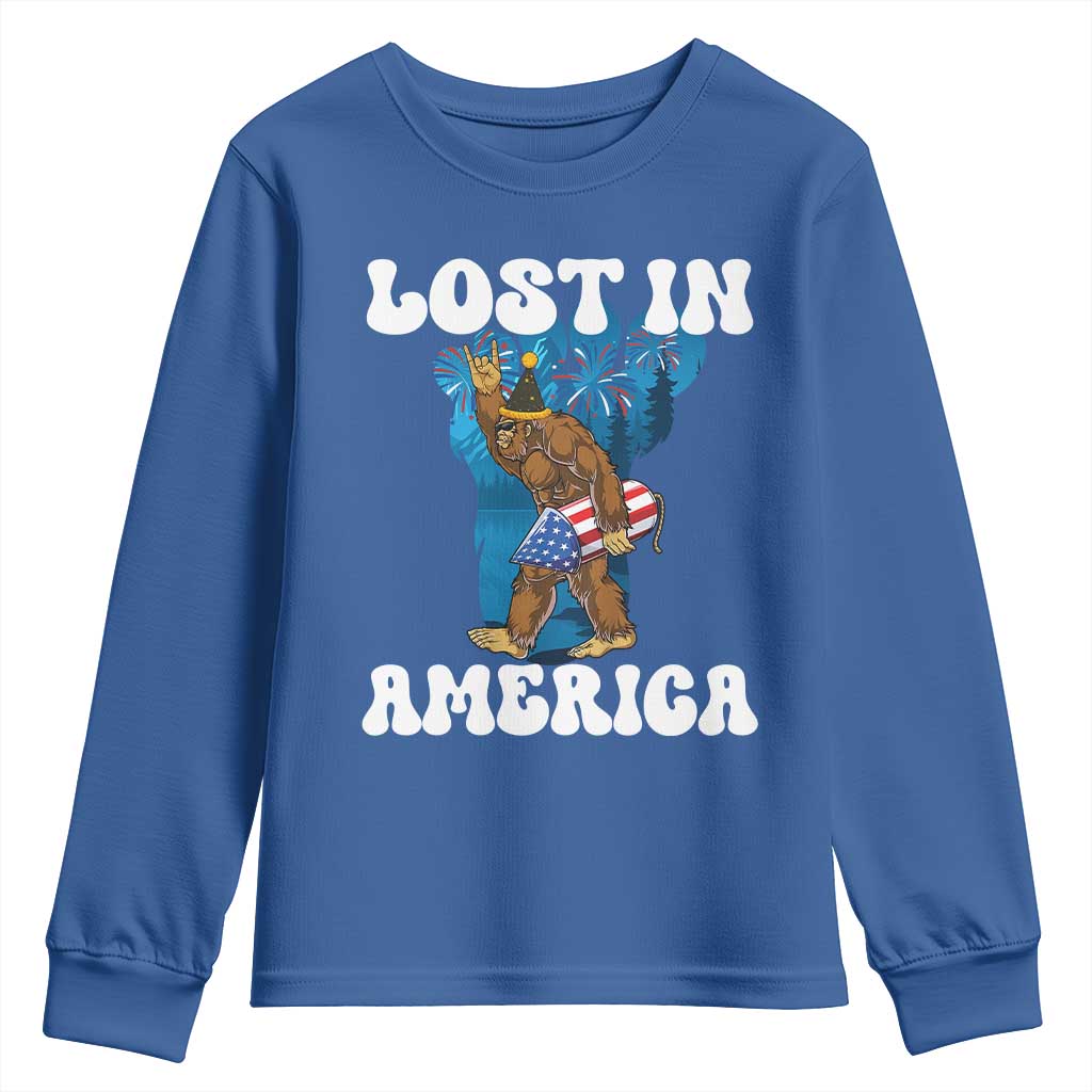 Funny 4th Of July Bigfoot Lost In America Youth Sweatshirt Patriotic Sasquatch Rocket Footprint Fireworks - Wonder Print Shop