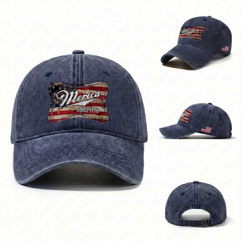 Funny Merica Since 1776 Washed Cotton Baseball Cap 4th of July Beer Lover American Flag