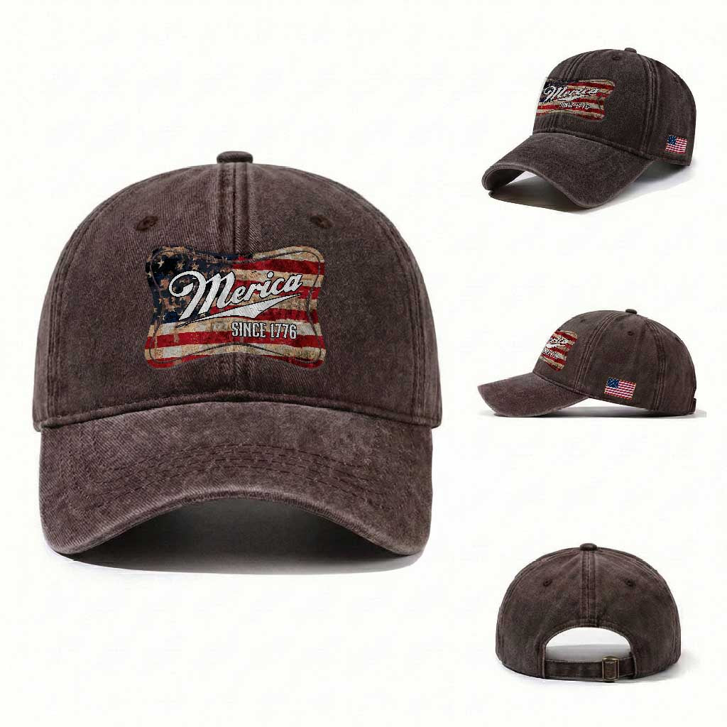 Funny Merica Since 1776 Washed Cotton Baseball Cap 4th of July Beer Lover American Flag
