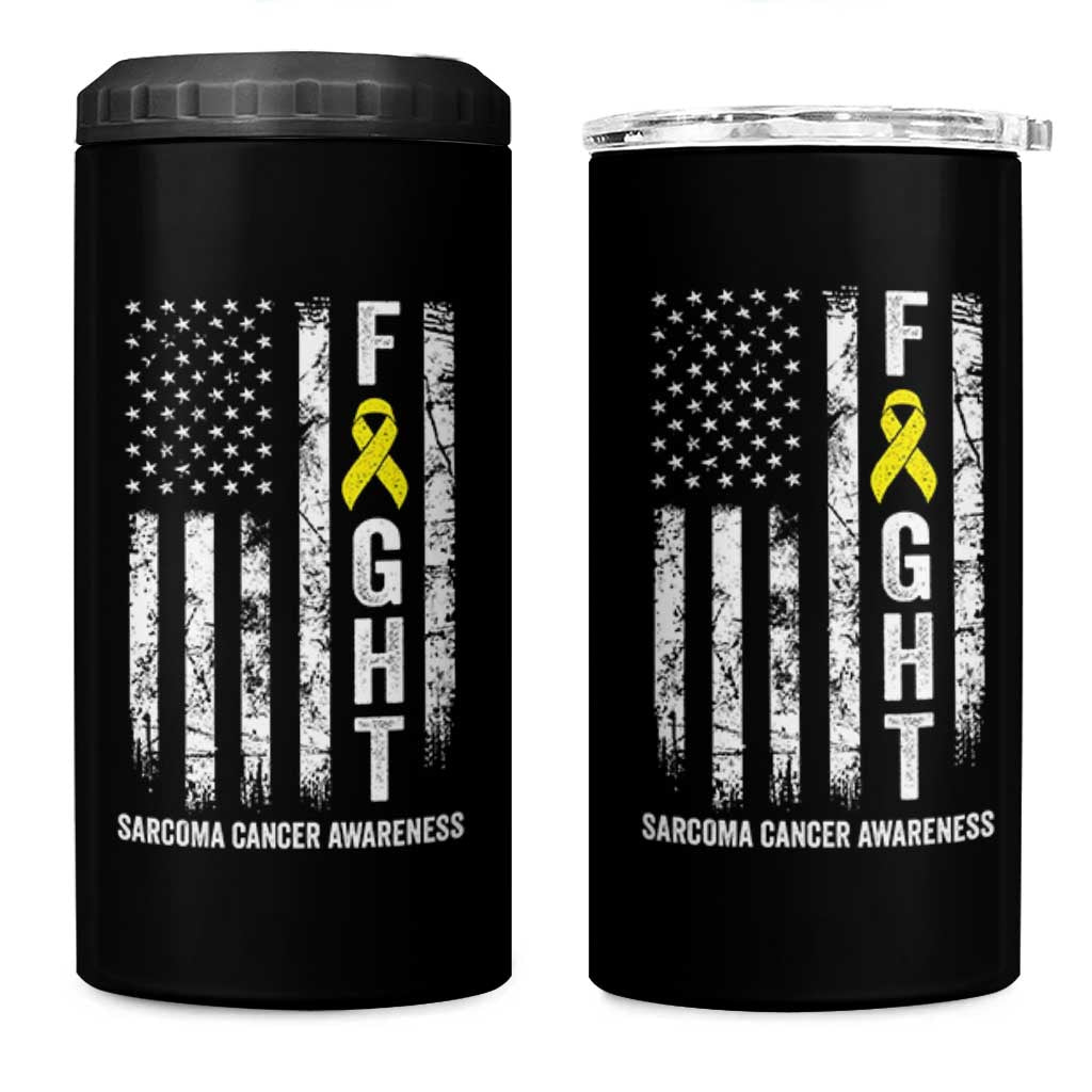 Fight Sarcoma Cancer Awareness 4 in 1 Can Cooler Tumbler Yellow Ribbon Vintage American Flag