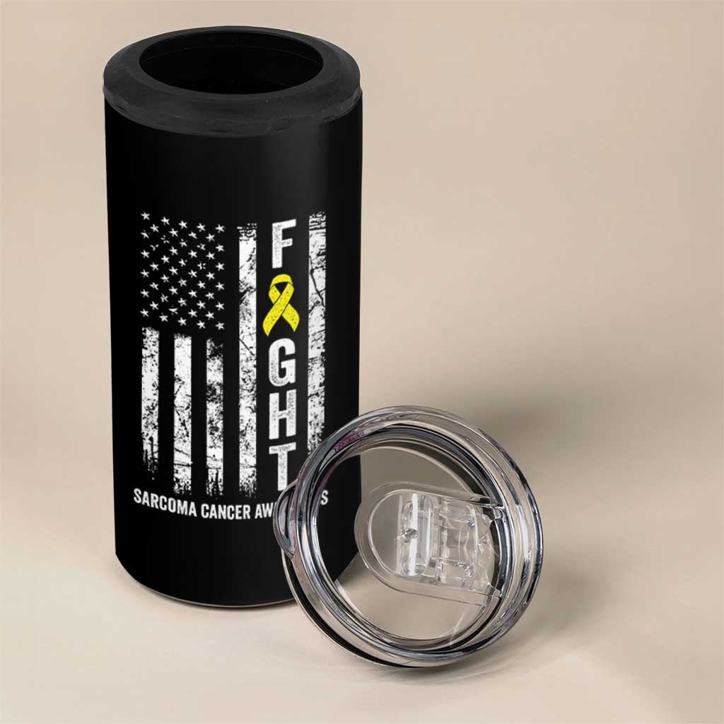 Fight Sarcoma Cancer Awareness 4 in 1 Can Cooler Tumbler Yellow Ribbon Vintage American Flag