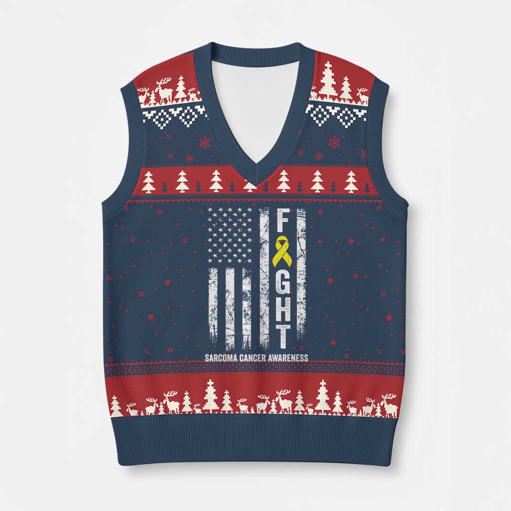 Fight Sarcoma Cancer Awareness V-Neck Knit Sweater Vest Yellow Ribbon Vintage American Flag