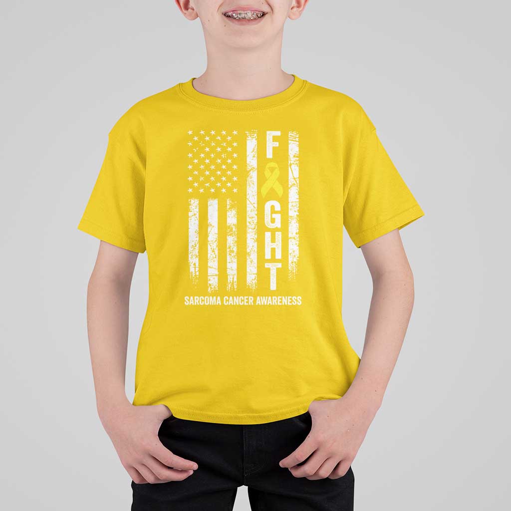 Fight Sarcoma Cancer Awareness T Shirt For Kid Yellow Ribbon Vintage American Flag