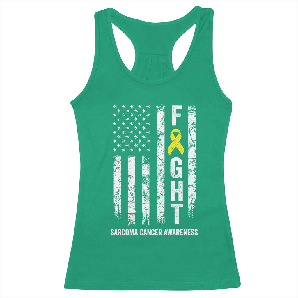 Fight Sarcoma Cancer Awareness Racerback Tank Top Yellow Ribbon Vintage American Flag