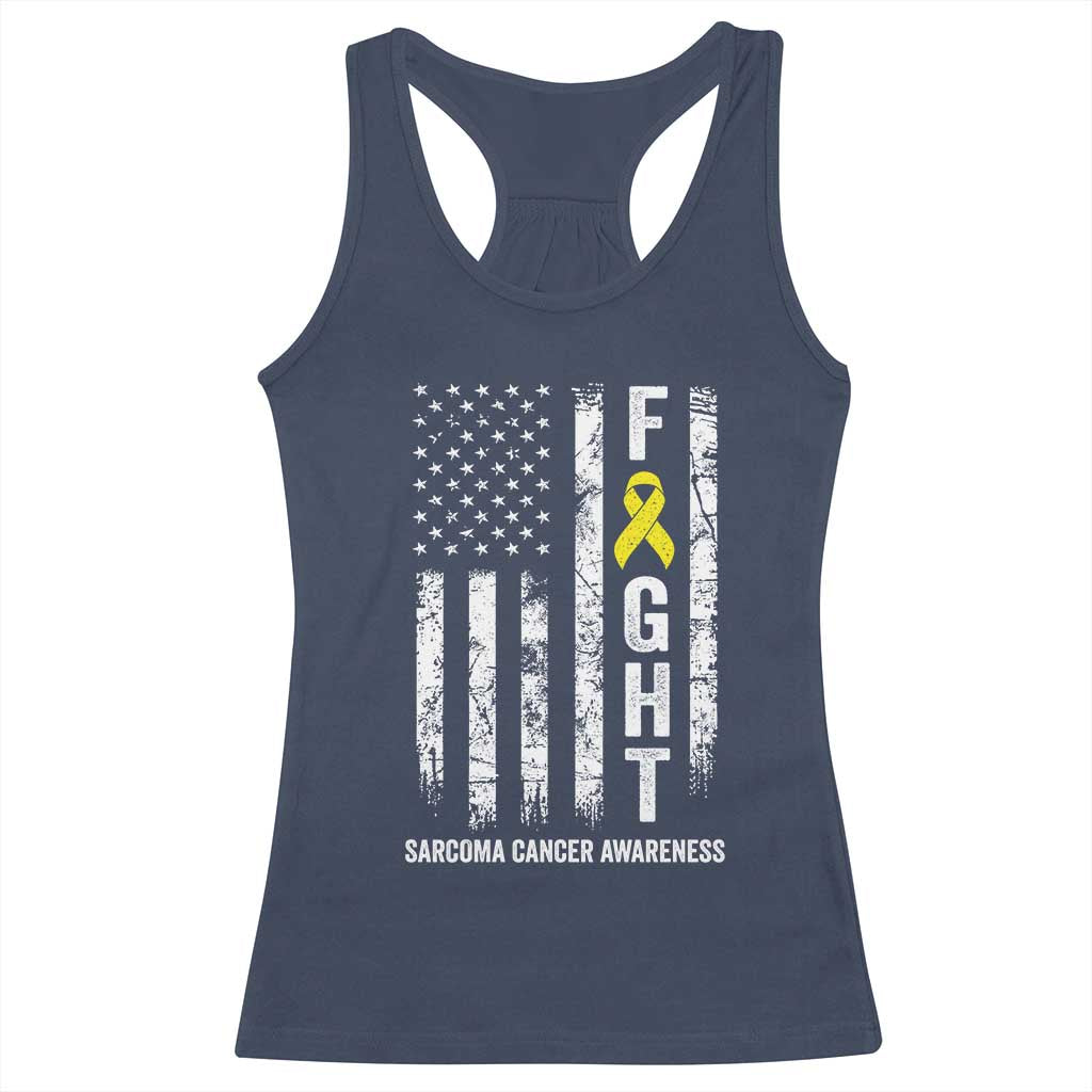 Fight Sarcoma Cancer Awareness Racerback Tank Top Yellow Ribbon Vintage American Flag