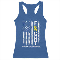Fight Sarcoma Cancer Awareness Racerback Tank Top Yellow Ribbon Vintage American Flag