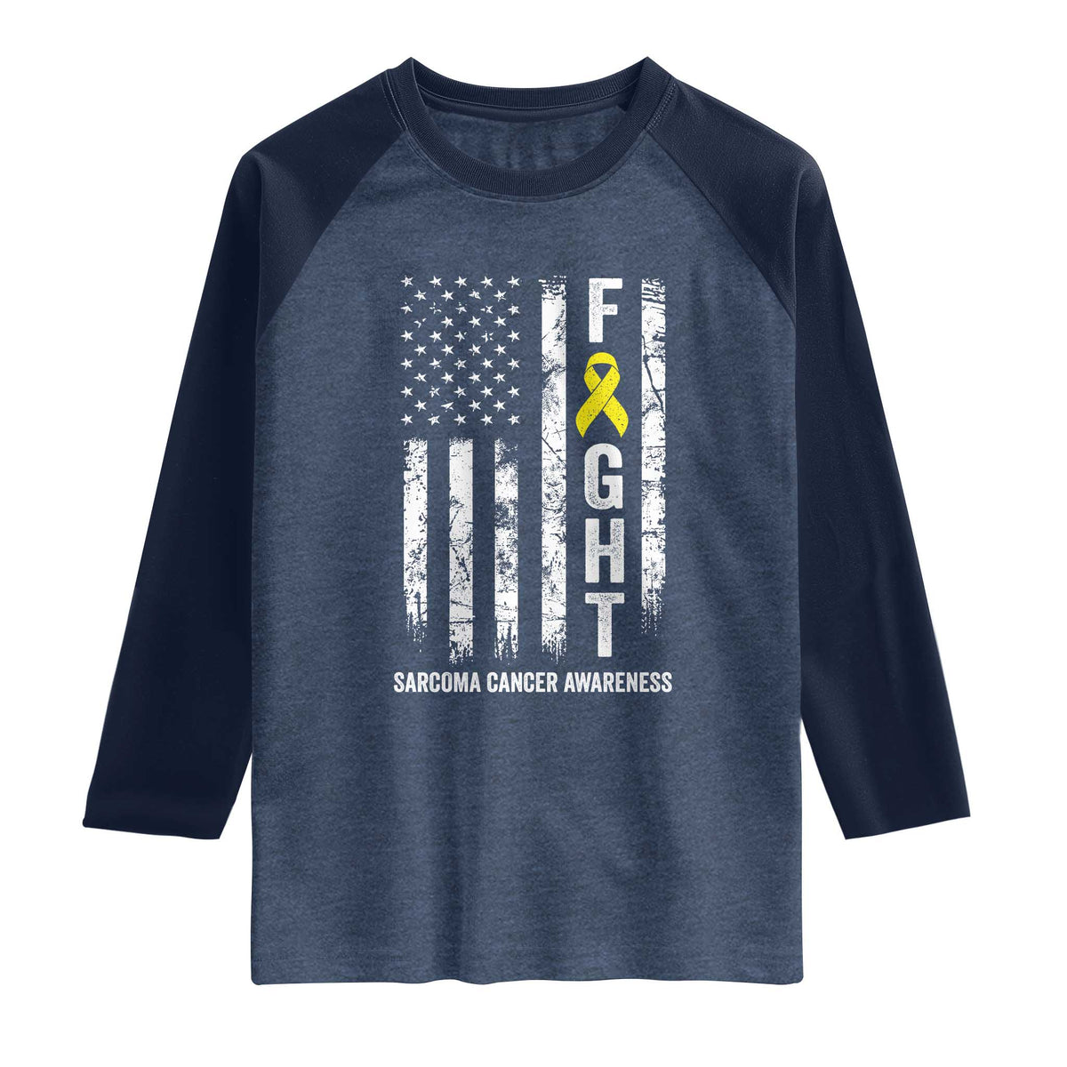 Fight Sarcoma Cancer Awareness Raglan Shirt Yellow Ribbon Vintage American Flag