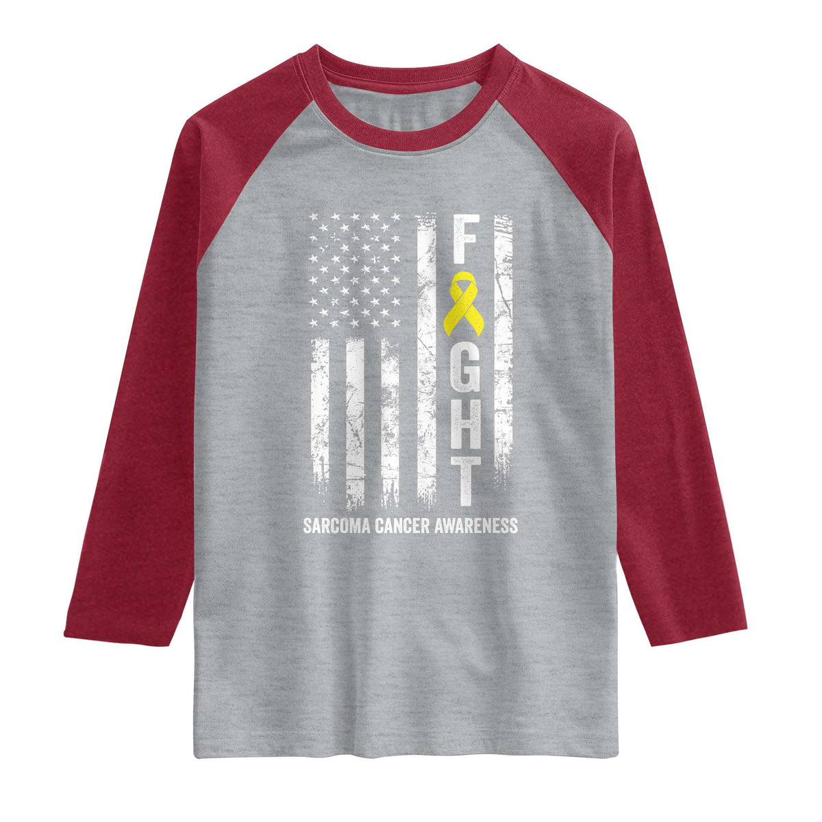 Fight Sarcoma Cancer Awareness Raglan Shirt Yellow Ribbon Vintage American Flag