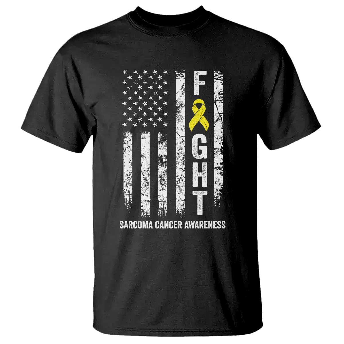 Fight Sarcoma Cancer Awareness T Shirt Yellow Ribbon Vintage American Flag