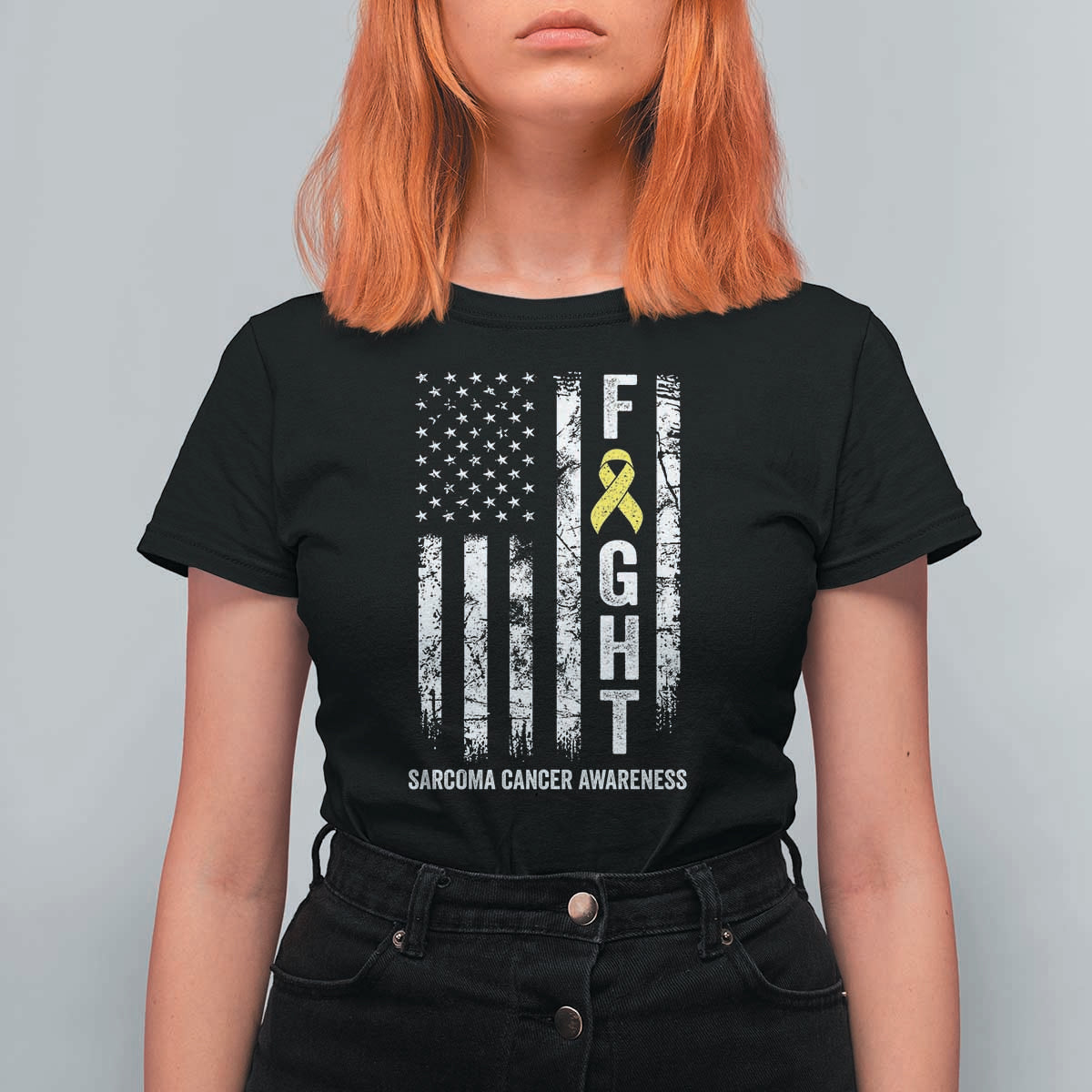 Fight Sarcoma Cancer Awareness T Shirt For Women Yellow Ribbon Vintage American Flag