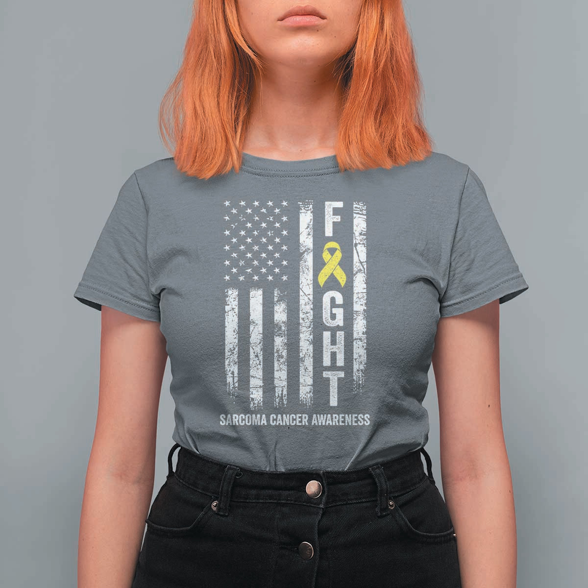 Fight Sarcoma Cancer Awareness T Shirt For Women Yellow Ribbon Vintage American Flag