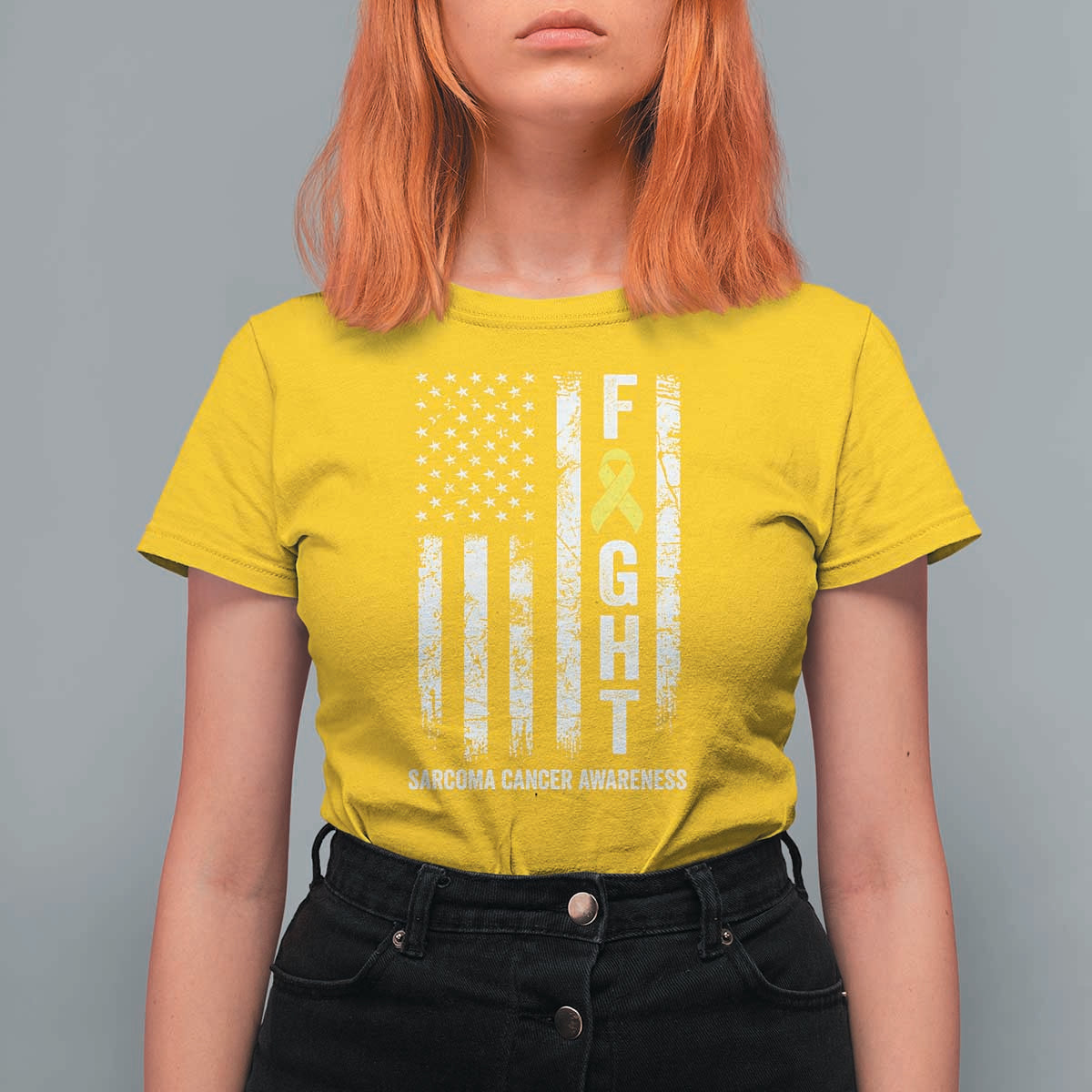 Fight Sarcoma Cancer Awareness T Shirt For Women Yellow Ribbon Vintage American Flag