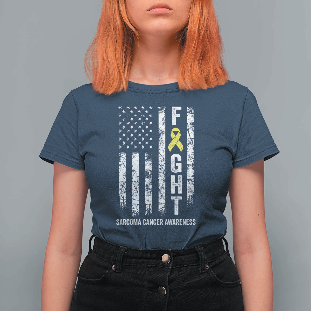 Fight Sarcoma Cancer Awareness T Shirt For Women Yellow Ribbon Vintage American Flag