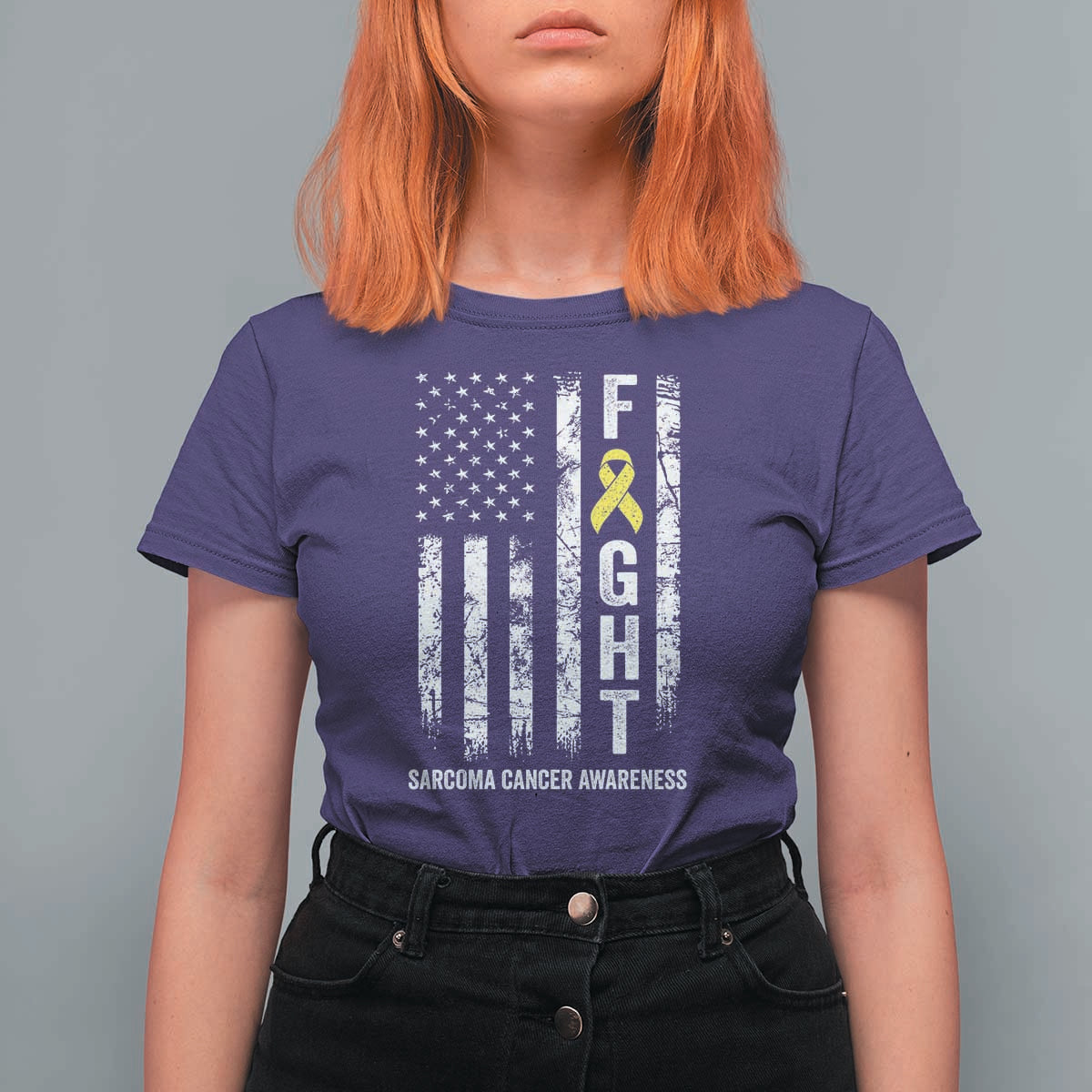 Fight Sarcoma Cancer Awareness T Shirt For Women Yellow Ribbon Vintage American Flag