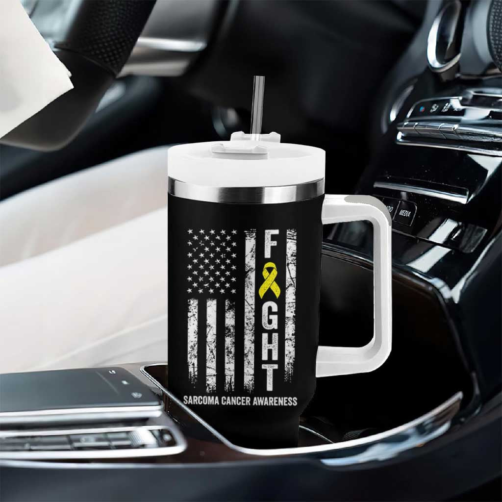 Fight Sarcoma Cancer Awareness Tumbler With Handle Yellow Ribbon Vintage American Flag