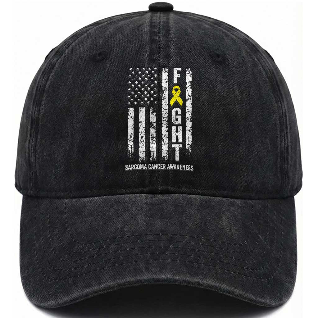Fight Sarcoma Cancer Awareness Washed Cotton Baseball Cap Yellow Ribbon Vintage American Flag