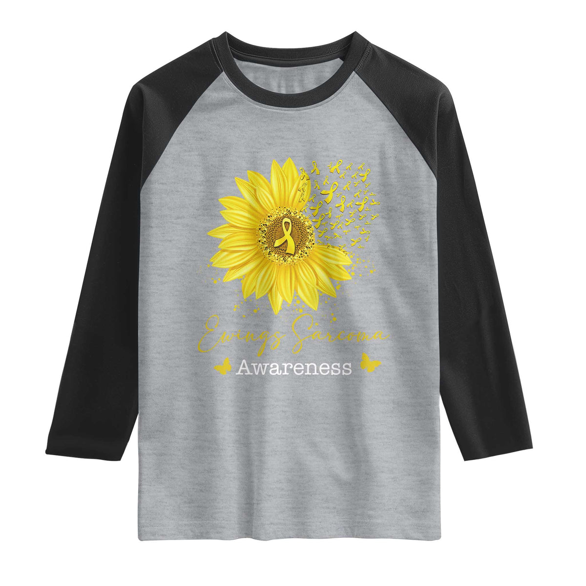 Ewings Sarcoma Awareness Raglan Shirt Yellow Flower Petal Ribbons Sunflower