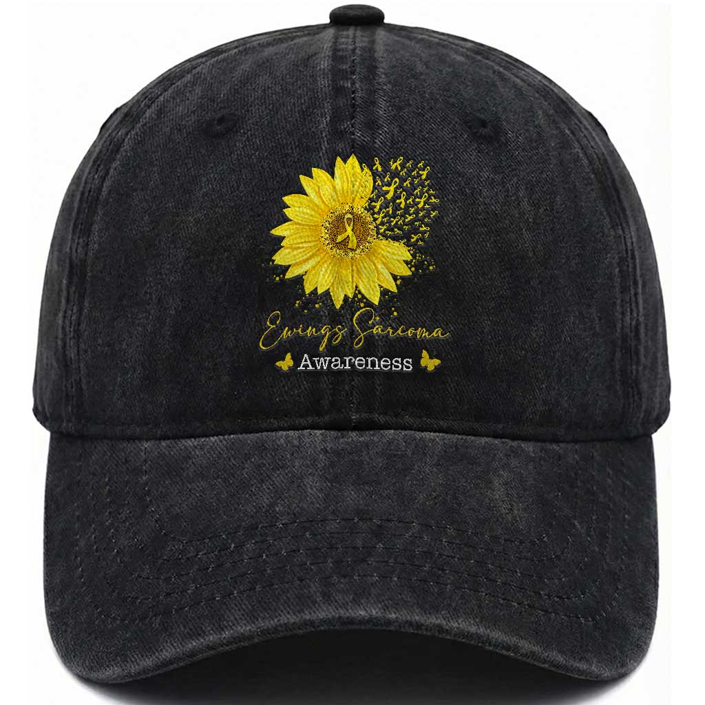 Ewings Sarcoma Awareness Washed Cotton Baseball Cap Yellow Flower Petal Ribbons Sunflower