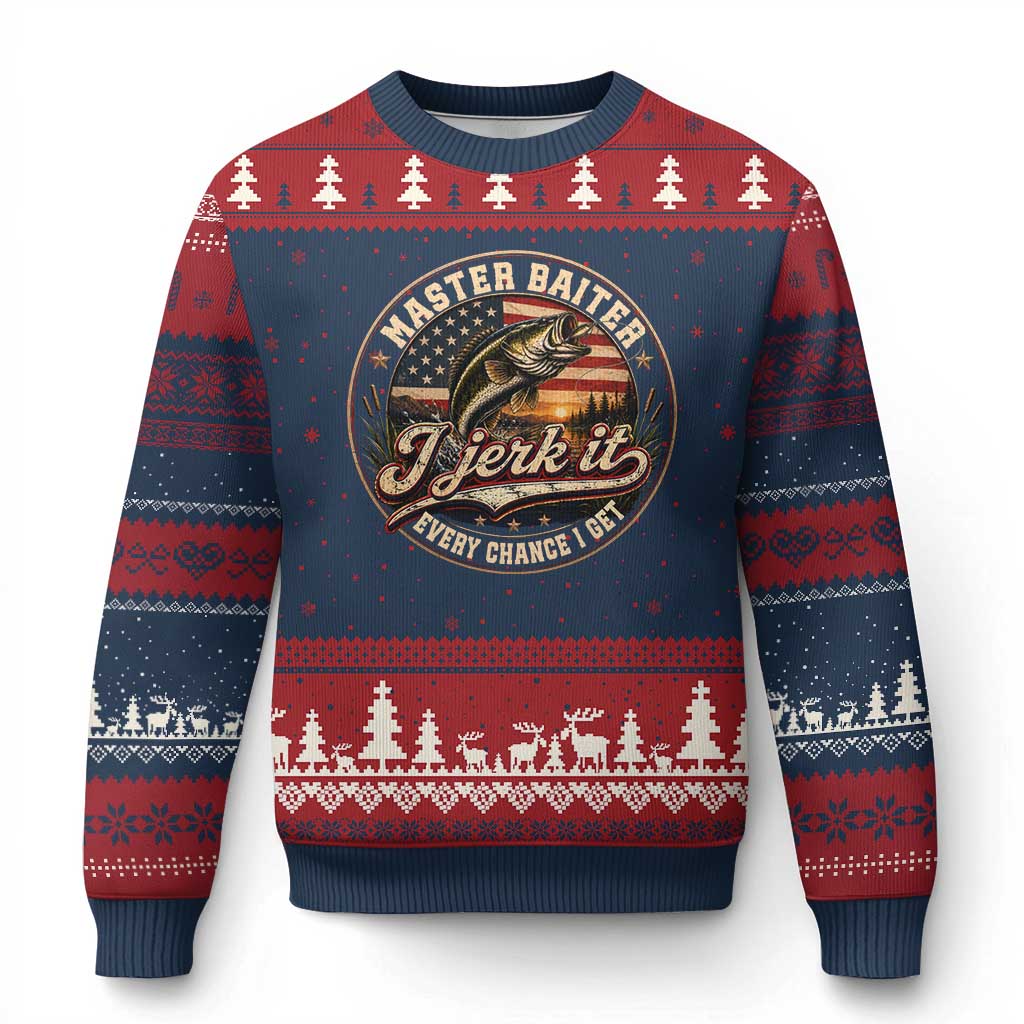 Master Baiter Fishing Lover Ugly Christmas Sweater I Jerk It Every Chance I Get Funny Bass Fishing